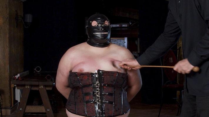 14P Fat mature woman in a mask gets her boobs caned & clamped while tied up