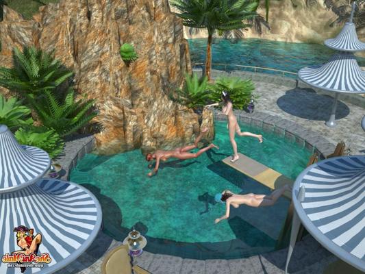 20P Playful & horny shemale sluts enjoying an anime IR poolside threesome