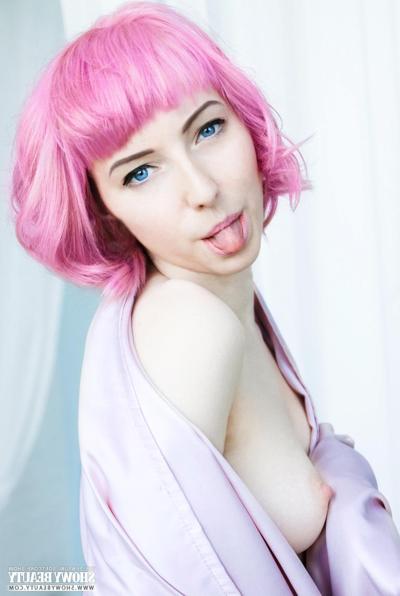 20P Pink haired young Cake in sheer underwear spreading pussy lips wide