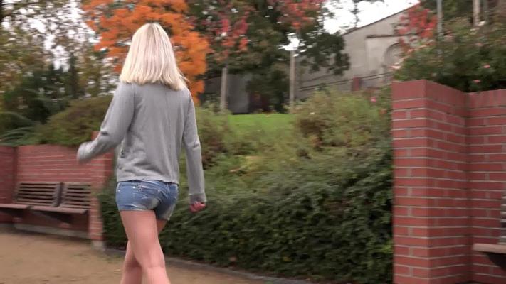 15P Blonde girl Debora removes denim shorts for a pee atop a public bench